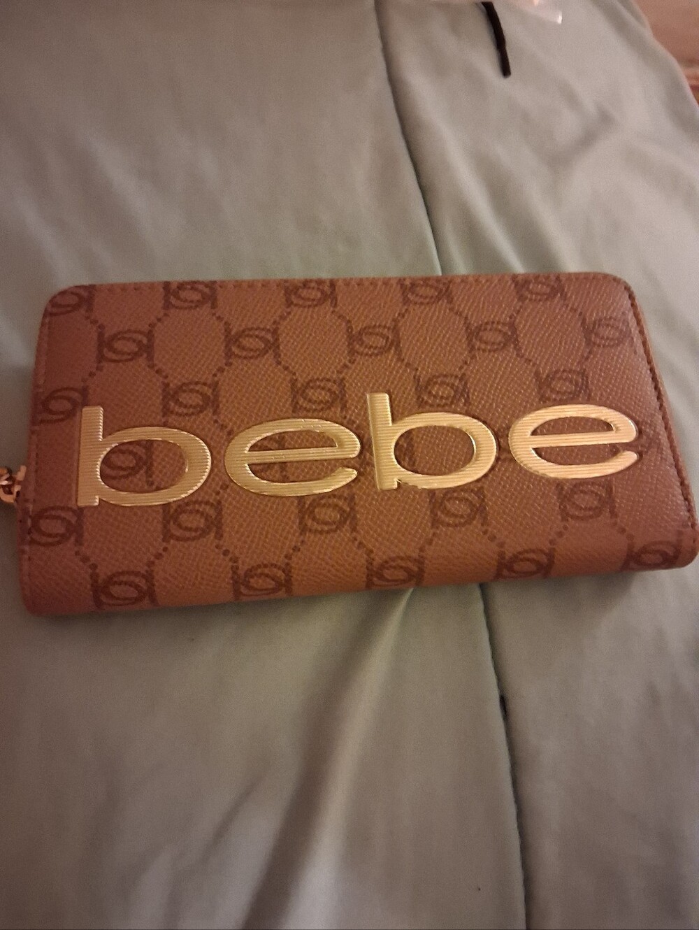 bebe Tan Logo Zip Wallet with Gold Accents